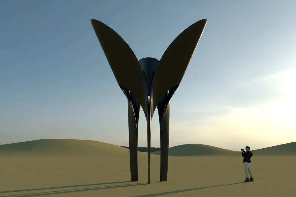 Abstract sculpture of shiny black painted steel, created by the artist sculptor architect Javier Colomino