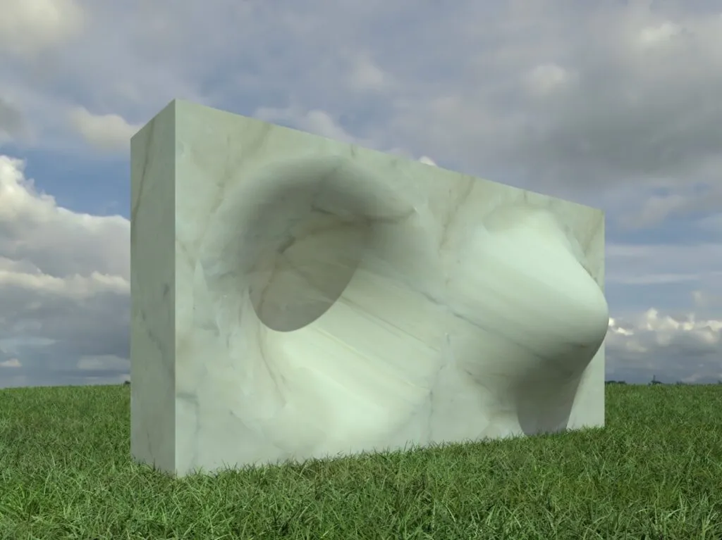 Escultura abstracta de mármol blanco, creada por el artista escultor arquitecto Javier Colomino