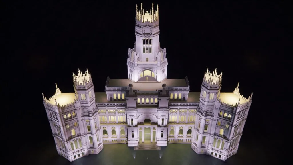 3D-Modell des "Palacio de Cibeles" in Madrid mit Beleuchtung, maßstabsgetreues Design von Javier Colomino