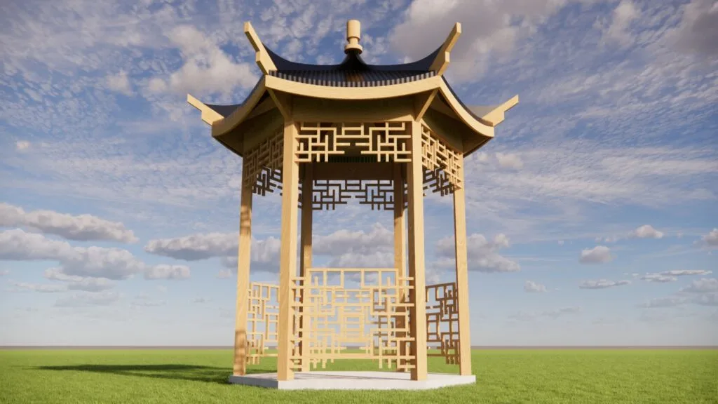 Design of a pagoda with a hexagonal base, entirely constructed of wood, with a metal corrugated roof, by Javier Colomino, architect and artist