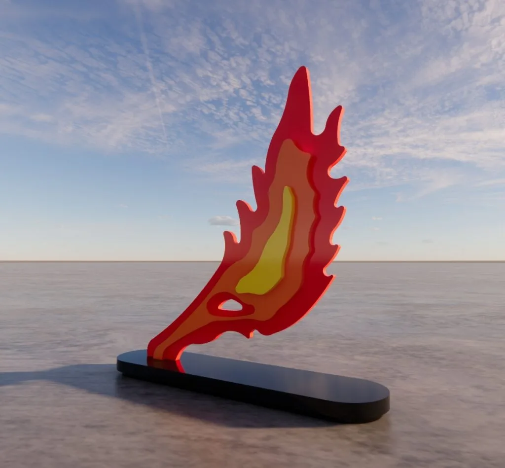 Premio de las Fallas de Valencia, diseñado por el artista y escultor Javier Colomino, en forma de llama bidimensional, compuesto por láminas de MDF en colores brillantes sobre una base negra
