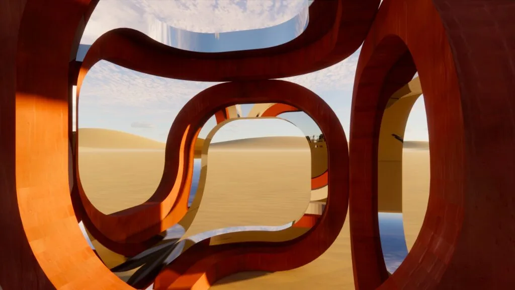 Escultura cúbica inmersiva de Javier Colomino en acero corten y acero cromado brillante, serpenteando en aristas abiertas de un cubo en un entorno natural