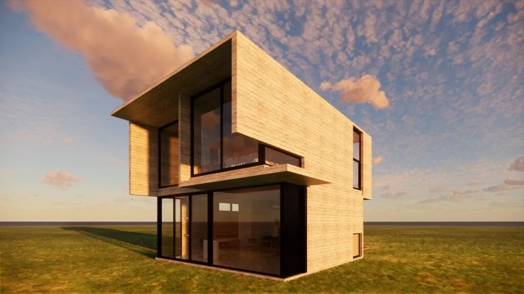 Pequeño proyecto de una casa vanguardista moderna en Roldán, Argentina, diseñada por Javier Colomino, en hormigón armado visto con líneas rectas y grandes ventanales