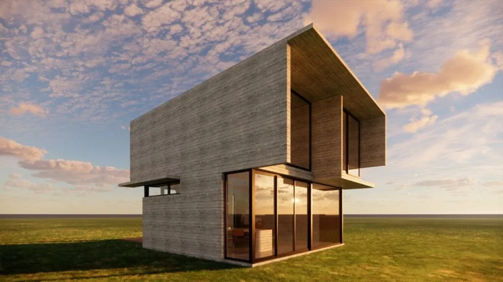 Kleines Projekt eines modernen Avantgarde-Hauses in Roldán, Argentinien, entworfen von Javier Colomino, aus Sichtbeton mit geraden Linien und großen Fenstern