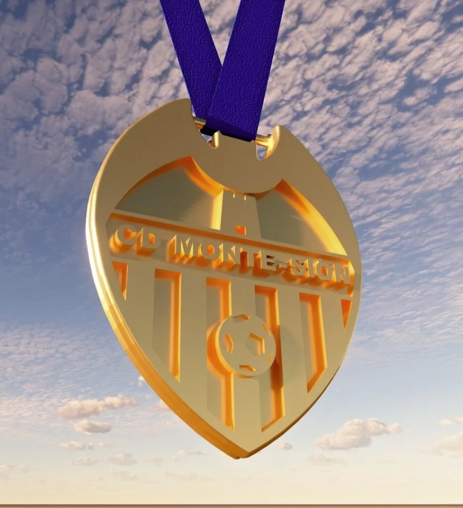 Medalla impresa en 3D en dorado para un club de fútbol de Valencia, diseñada por el artista y escultor Javier Colomino