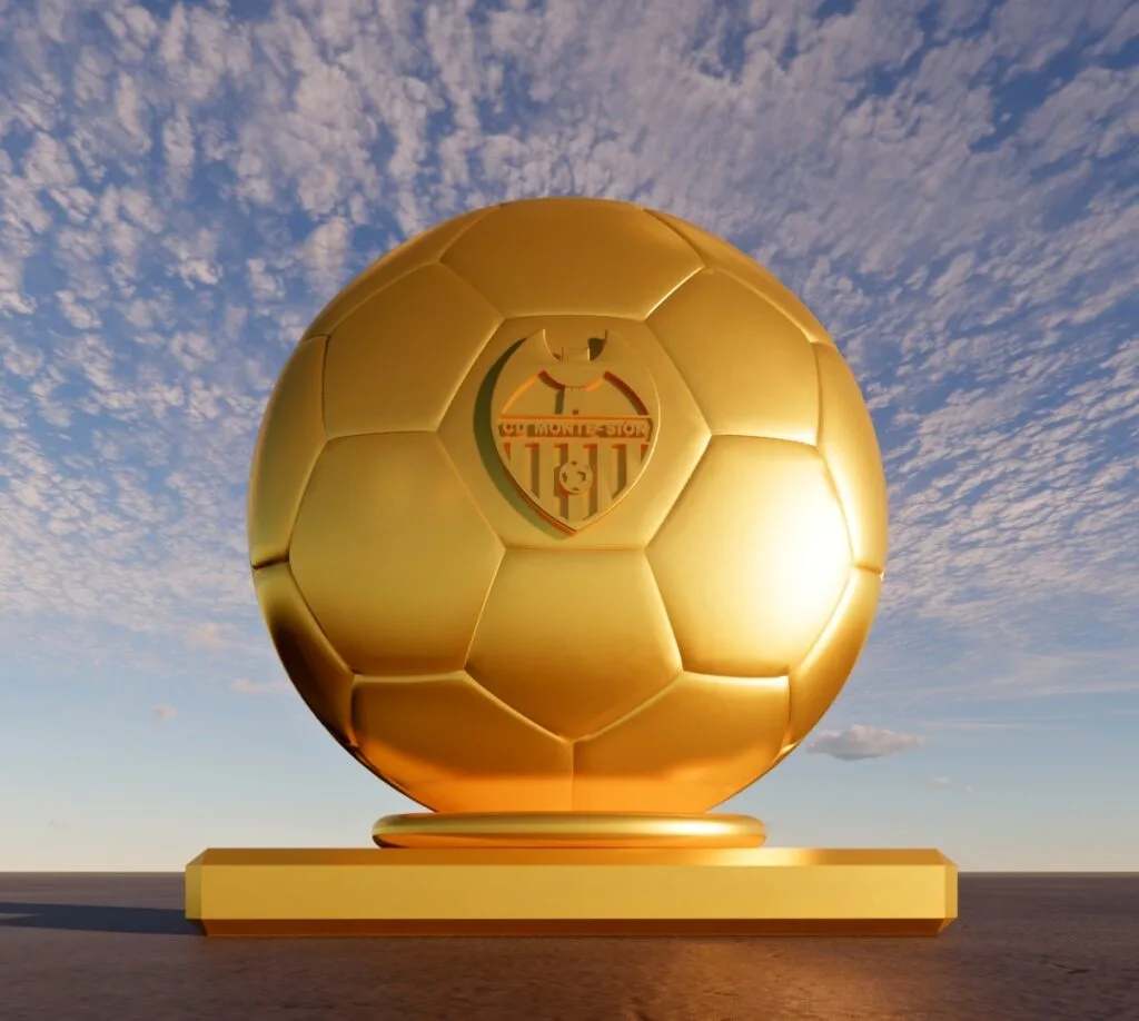 Premio impreso en 3D en dorado para jugador destacado de un club de fútbol de Valencia, diseñado por Javier Colomino