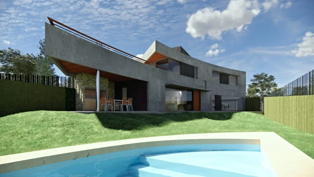 Modernes Luxushaus aus Sichtbeton, definiert durch eine große, offene und elegante Kurve, entworfen von Javier Colomino im Stadtteil Fisherton in Rosario, Argentinien
