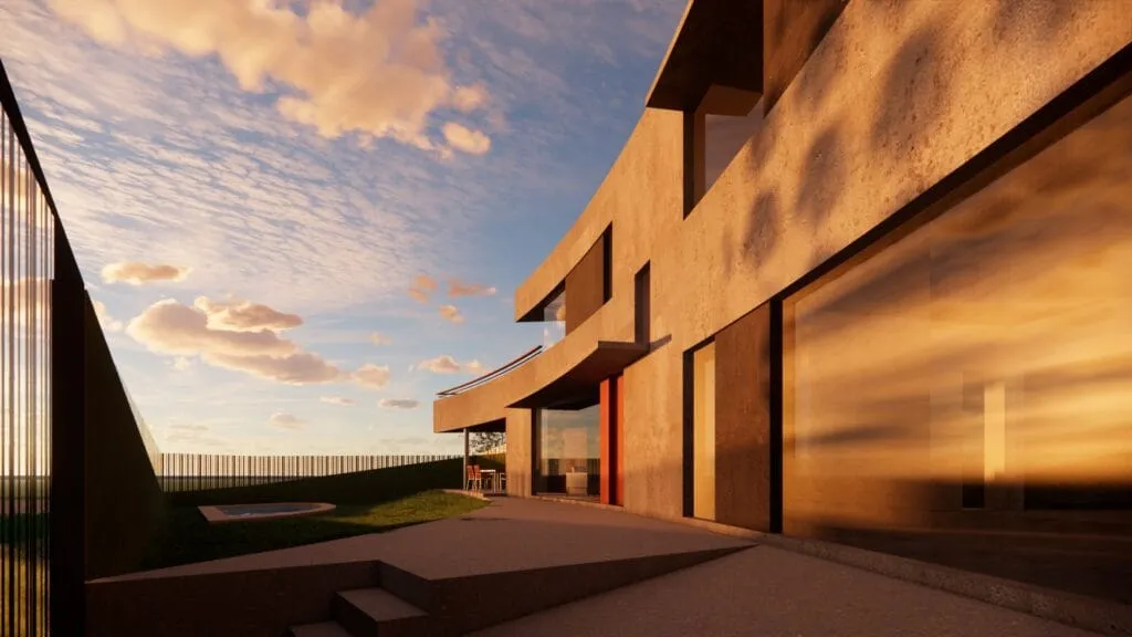 Vivienda de lujo moderna en hormigón visto, definida por una gran curva abierta y elegante, diseñada por Javier Colomino en el barrio Fisherton de Rosario, Argentina