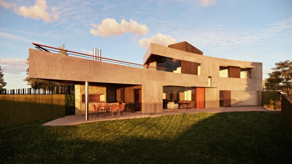 Modern luxury home in exposed concrete, defined by a large open and elegant curve, designed by Javier Colomino in the Fisherton neighborhood of Rosario, Argentina