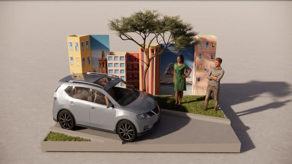 Escenografía urbana con monumentos de Valencia y caricatura de nuevo automóvil de LEXUS, diseñado por el artista Javier Colomino
