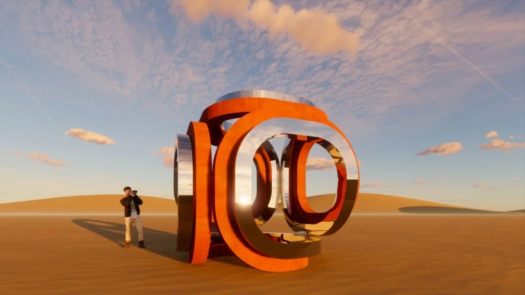 Immersive cubic sculpture by Javier Colomino in corten steel and polished chrome steel, with open edges forming a cube in a natural setting