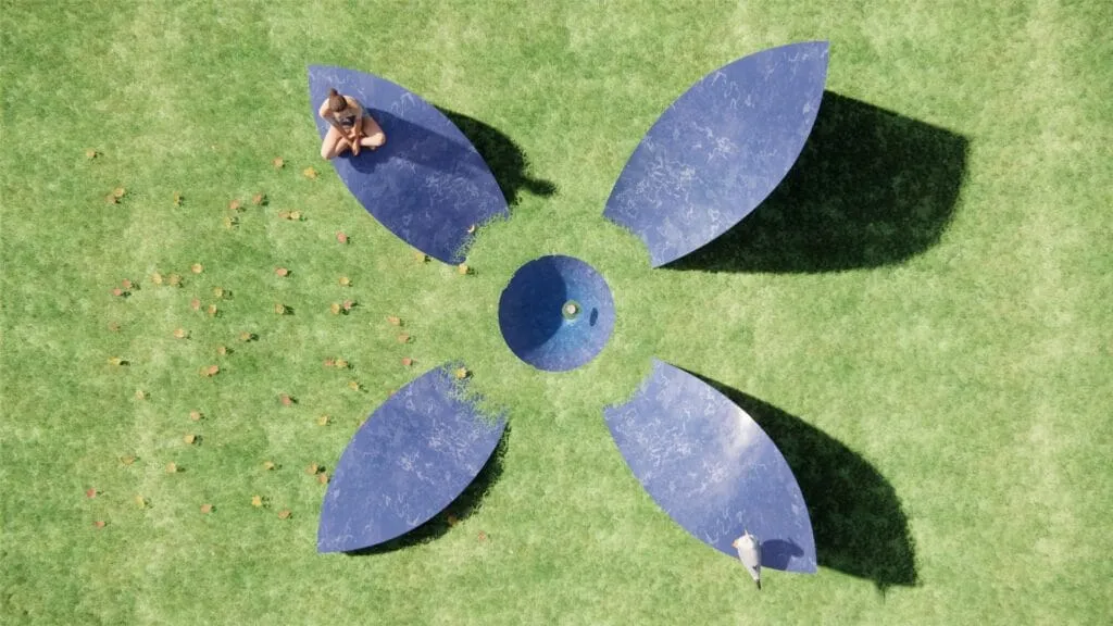 Abstract sculpture "Flor Universal" by artist Javier Colomino in blue marble, composed of volumes of different heights and a central pond surrounded by grass