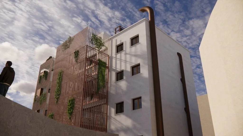 Render del edificio de viviendas en Macael, España, realizado por Javier Colomino, arquitecto y artista. El edificio, de cinco pisos, se presenta con una propuesta de optimización energética, en el marco de una reforma para mejorar su eficiencia