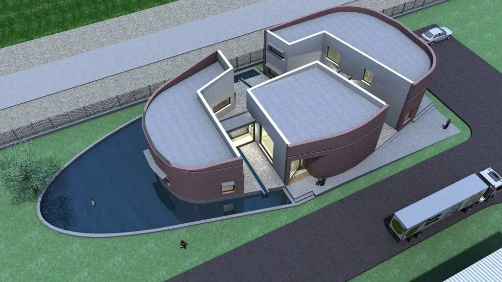 Proyecto de oficinas modernas para la empresa JMG diseñado por Javier Colomino, con volúmenes separados que conforman una elipse y otorgan y privacidad en un entorno industrial