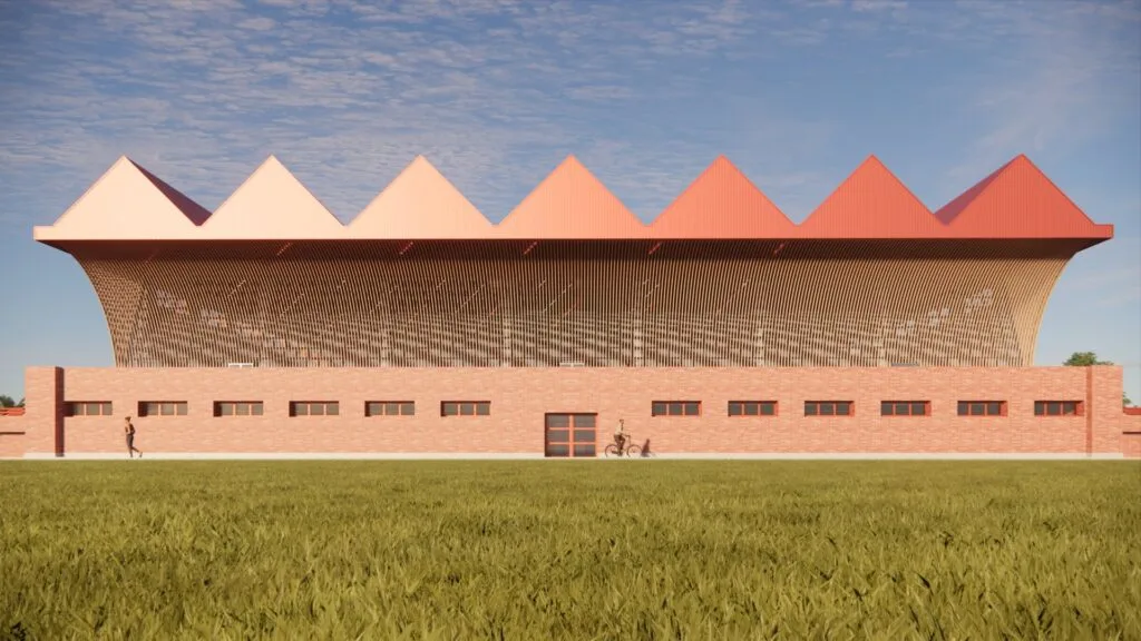 Render of the Alcantarilla sports center, showcasing the improvements made to its indoor stadium with new structural elements for energy efficiency