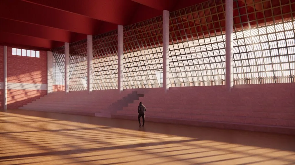 Render del polideportivo de Alcantarilla, mostrando la mejora en su estadio cubierto con nuevos elementos estructurales para la eficiencia energética