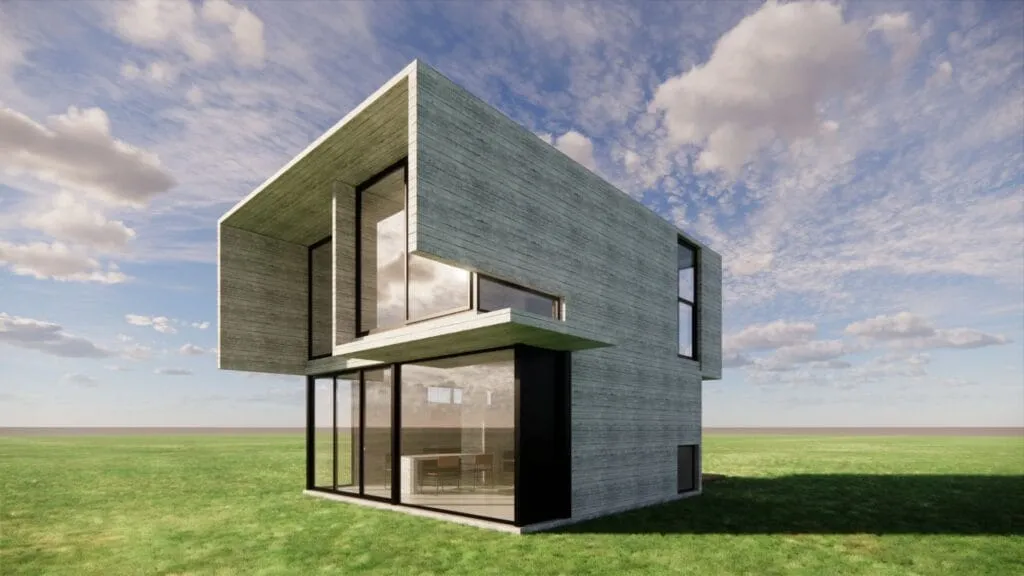 Small project of a modern avant-garde house in Roldán, Argentina, designed by Javier Colomino, in exposed reinforced concrete with straight lines and large windows