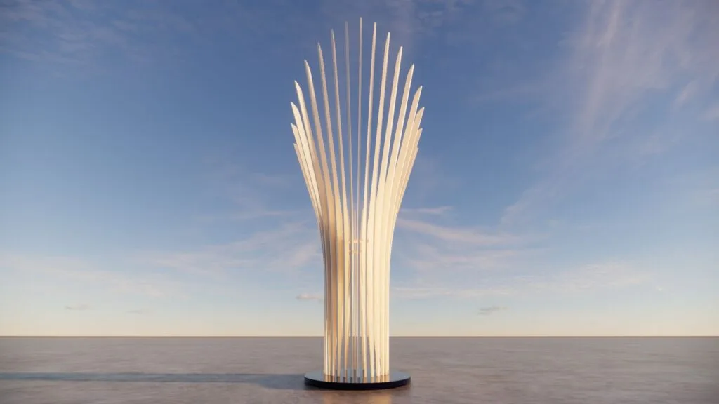 Trofeo en pequeño formato con diseño paramétrico, en color blanco, con costillas esculpidas para un aspecto contemporáneo, escultura de Javier Colomino