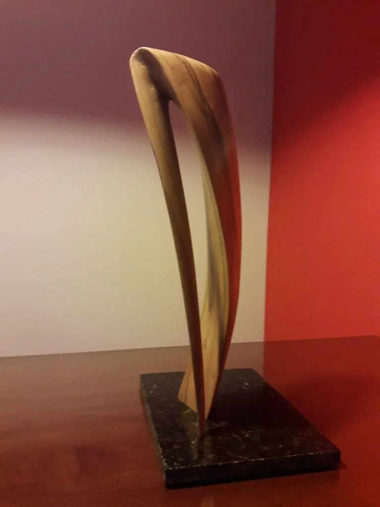 Escultura abstracta en madera de olivo con base de granito, creada por el artista escultor arquitecto Javier Colomino