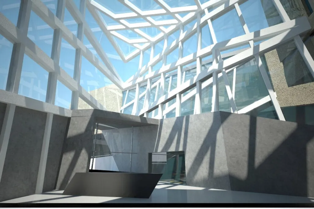 Project voor het Museum voor Hedendaagse Kunst van Mar del Plata, ontworpen door Javier Colomino en het A3-team, met slanke betonnen volumes met een glazen centraal volume