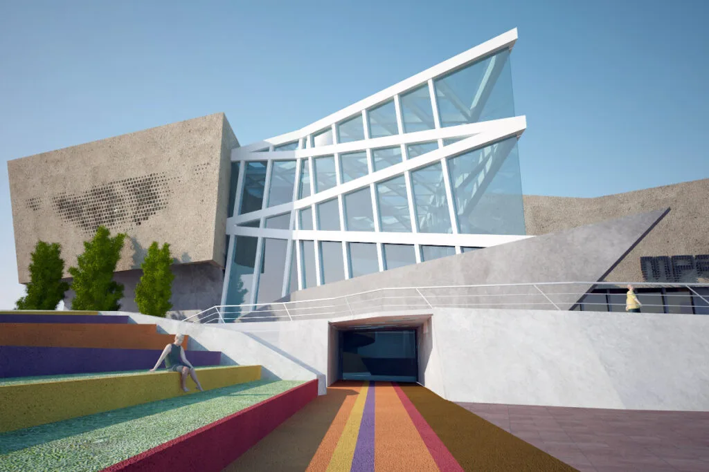 Projekt für das Museum für zeitgenössische Kunst von Mar del Plata, entworfen von Javier Colomino und dem A3-Team, das schlanke Betonkörper mit einem verglasten Mittelkörper zeigt