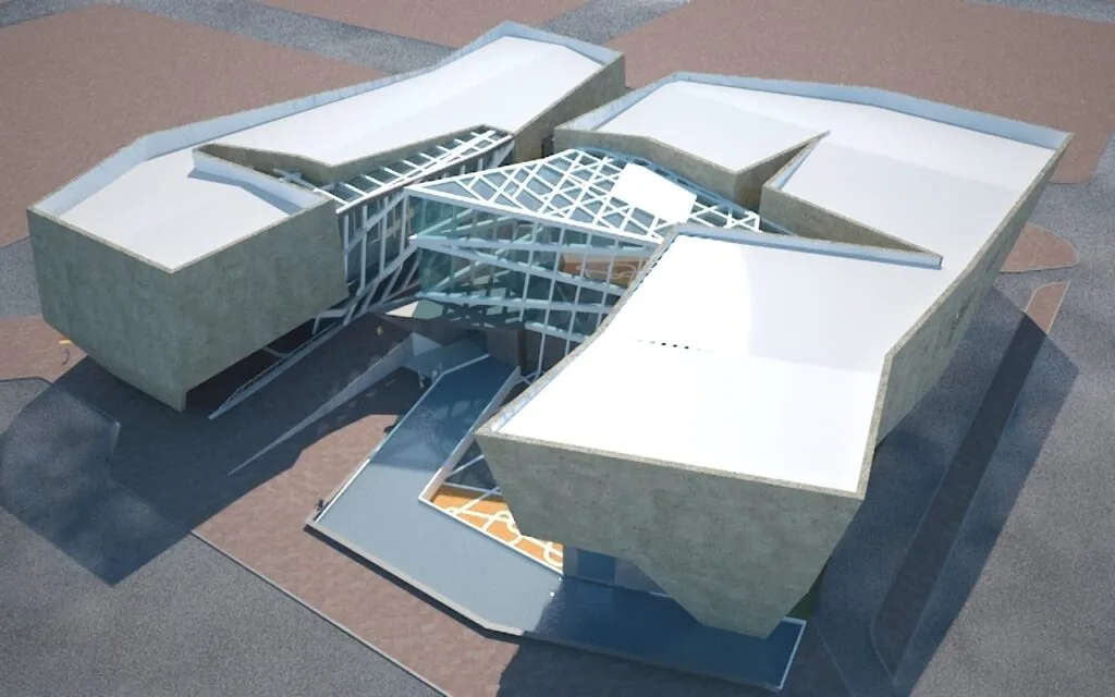 Project for the Museum of Contemporary Art of Mar del Plata, designed by Javier Colomino and the A3 team, showing slender concrete volumes with a glazed central volume