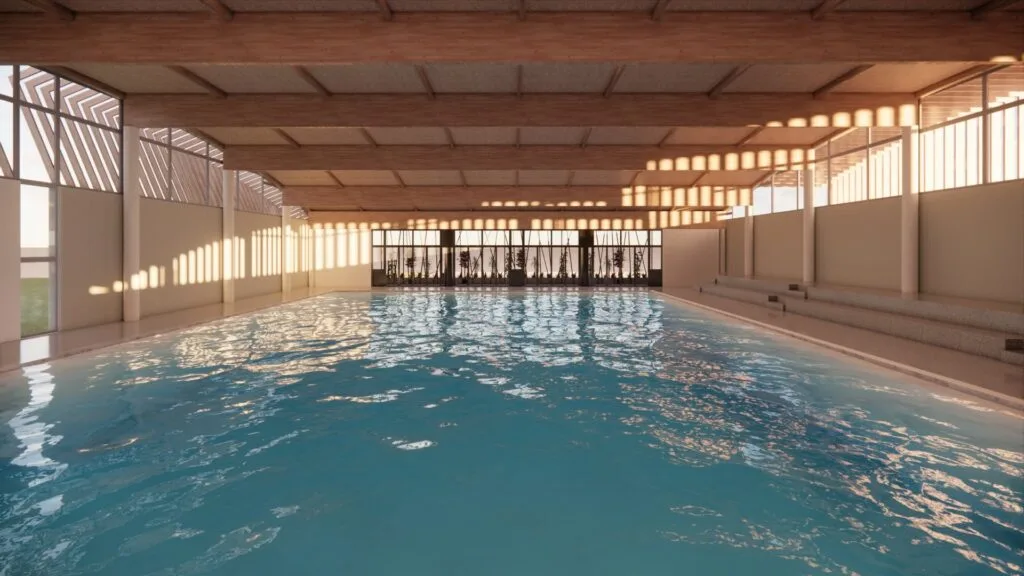 Render de la piscina del polideportivo municipal de Villamartín, mostrando una mejora general del edificio con elementos estructurales de diseño